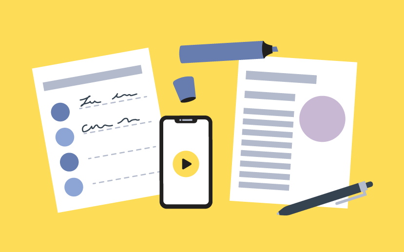 Illustration of worksheets, a highlighter, a pen, and a phone playing a video