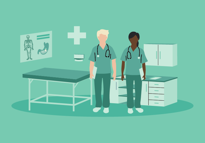 Illustration of two healthcare workers in scrubs in an exam room
