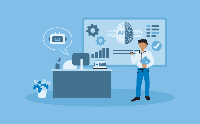Illustration of a teacher presenting AI and digital tools