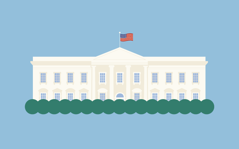Illustration of the White House with a US flag