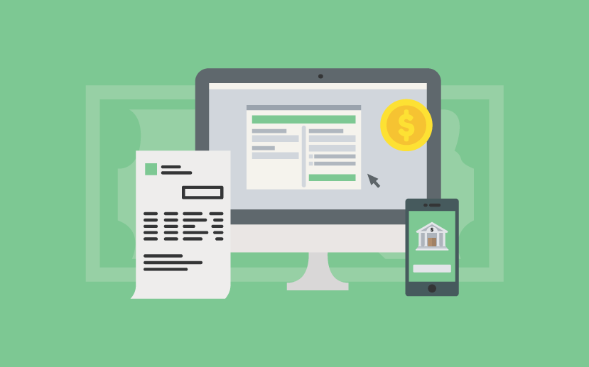 Illustration of online banking and bill payment on a computer and phone