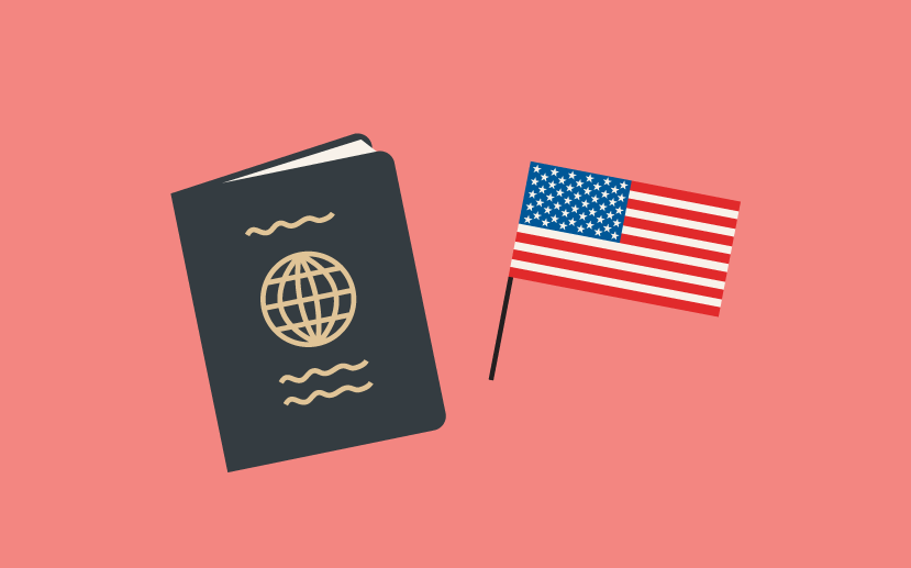 Illustration of a passport and a US flag