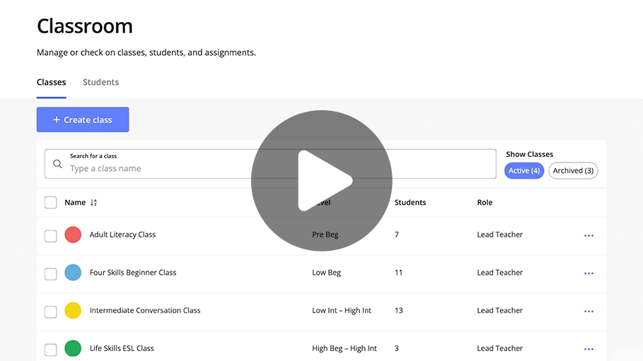 The Ellii Classroom Manager with a class of students listed