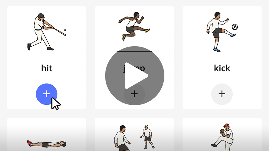 Ellii flashcards showing action verbs such as hit and kick