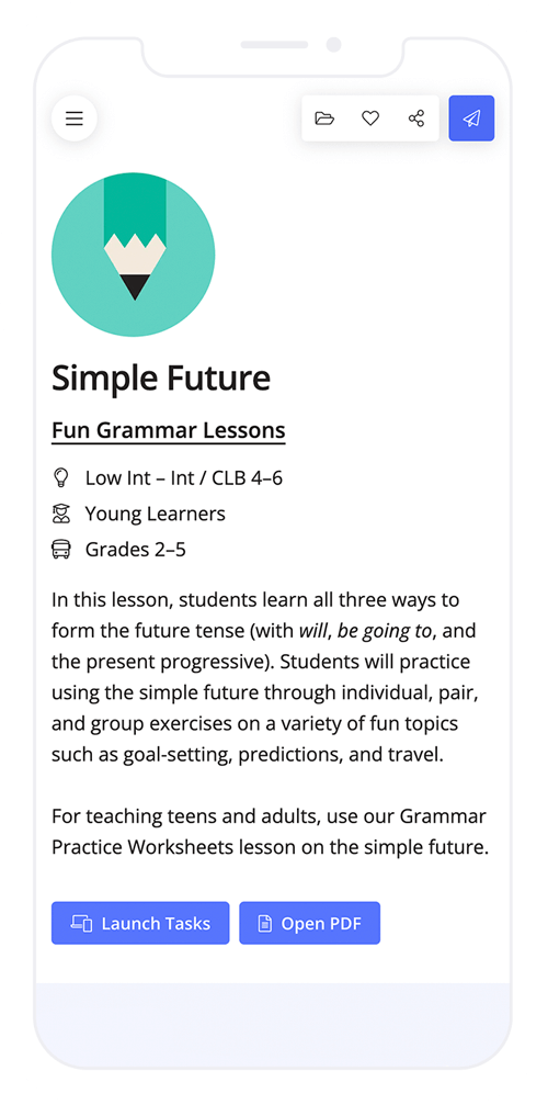 A smartphone with an Ellii digital ESL lesson open, "Simple Future"