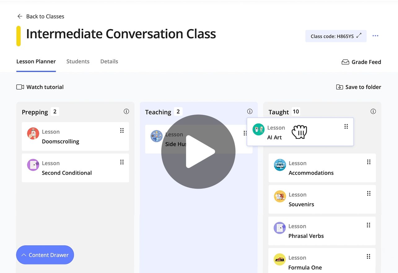 The Ellii Lesson Planner with lessons organized into Prepping, Teaching, and Taught lanes