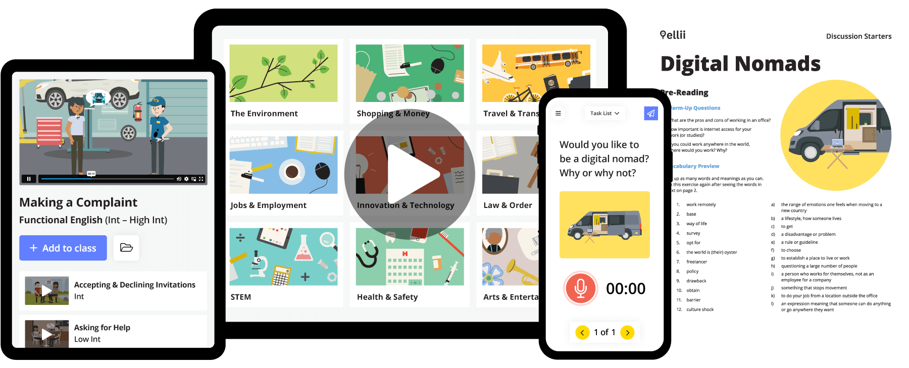 Ellii lessons open on a laptop, tablet, phone, and printed worksheet