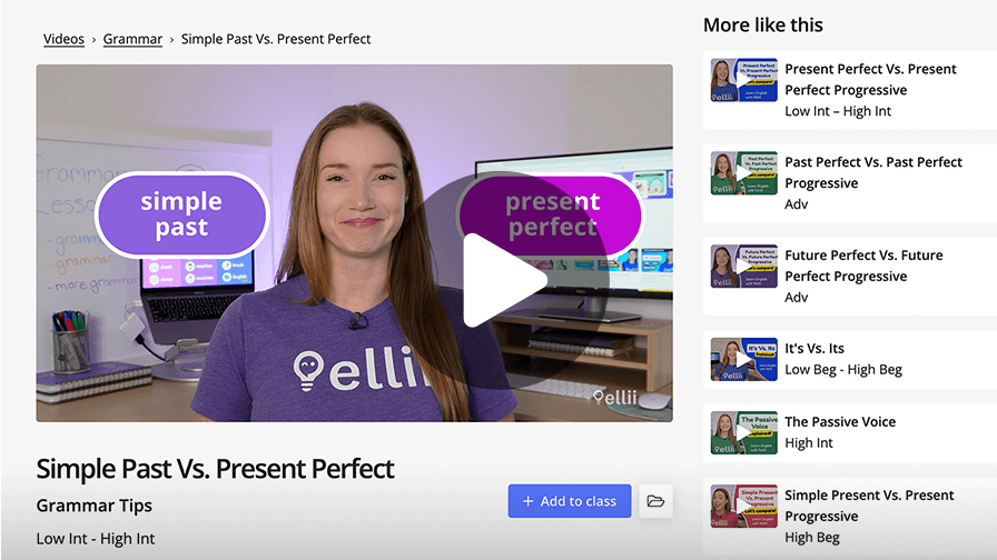 An Ellii grammar video, Simple Past vs. Present Perfect, in the video player